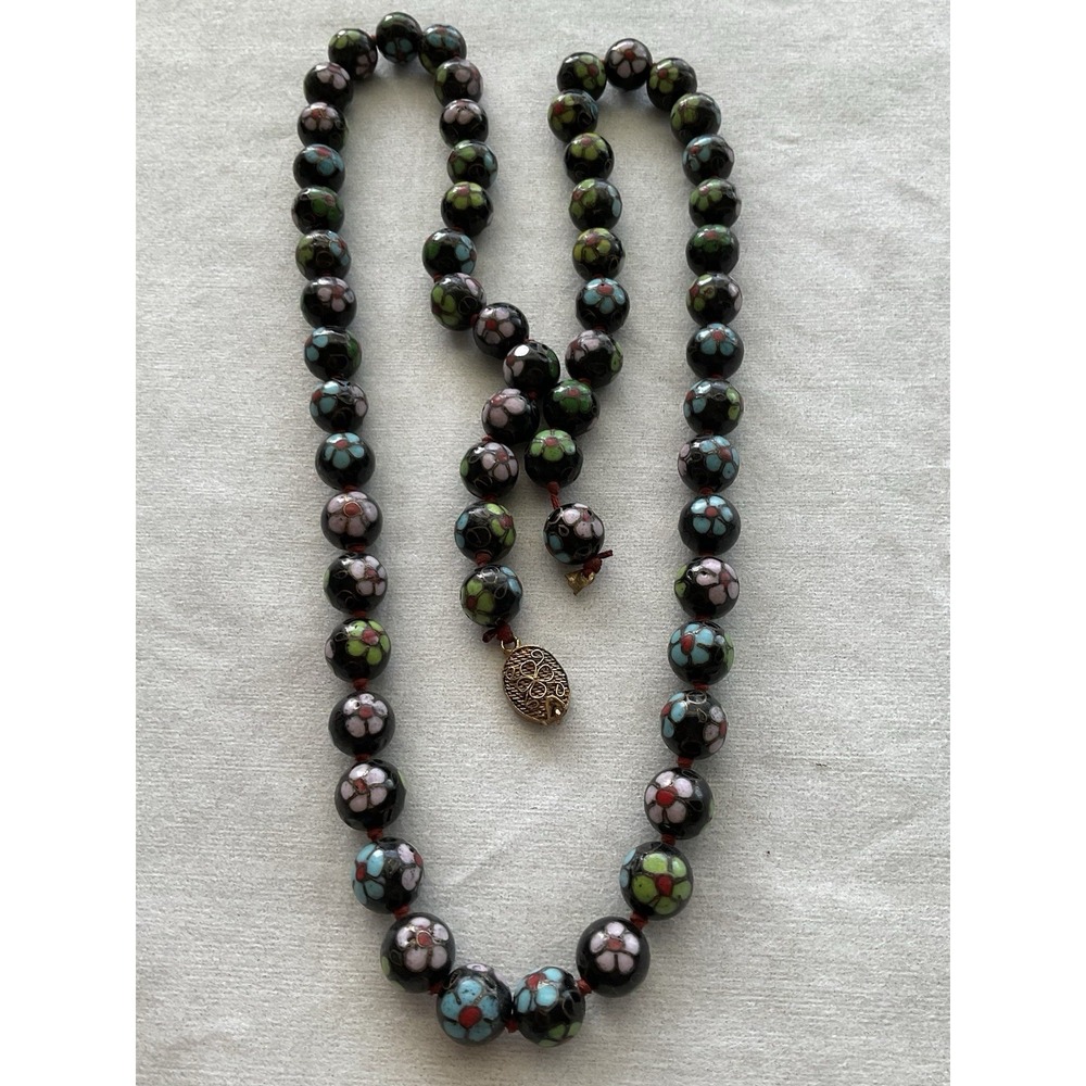 Vintage Cloisonné Blue Enamel Bead Necklace BROKEN Clasp Estate Jewelry